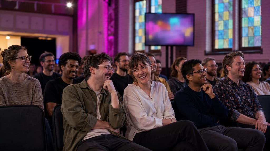 Collega’s in de zaal kijken lachend naar het scherm