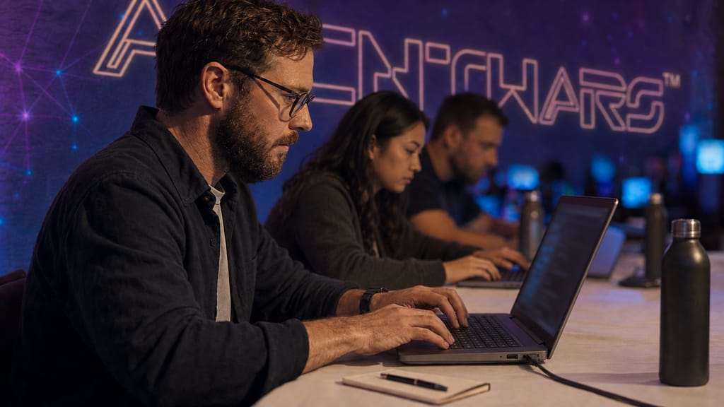 Speler achter een laptop, zijaanzicht, met het AgentWars-logo op de achtergrond